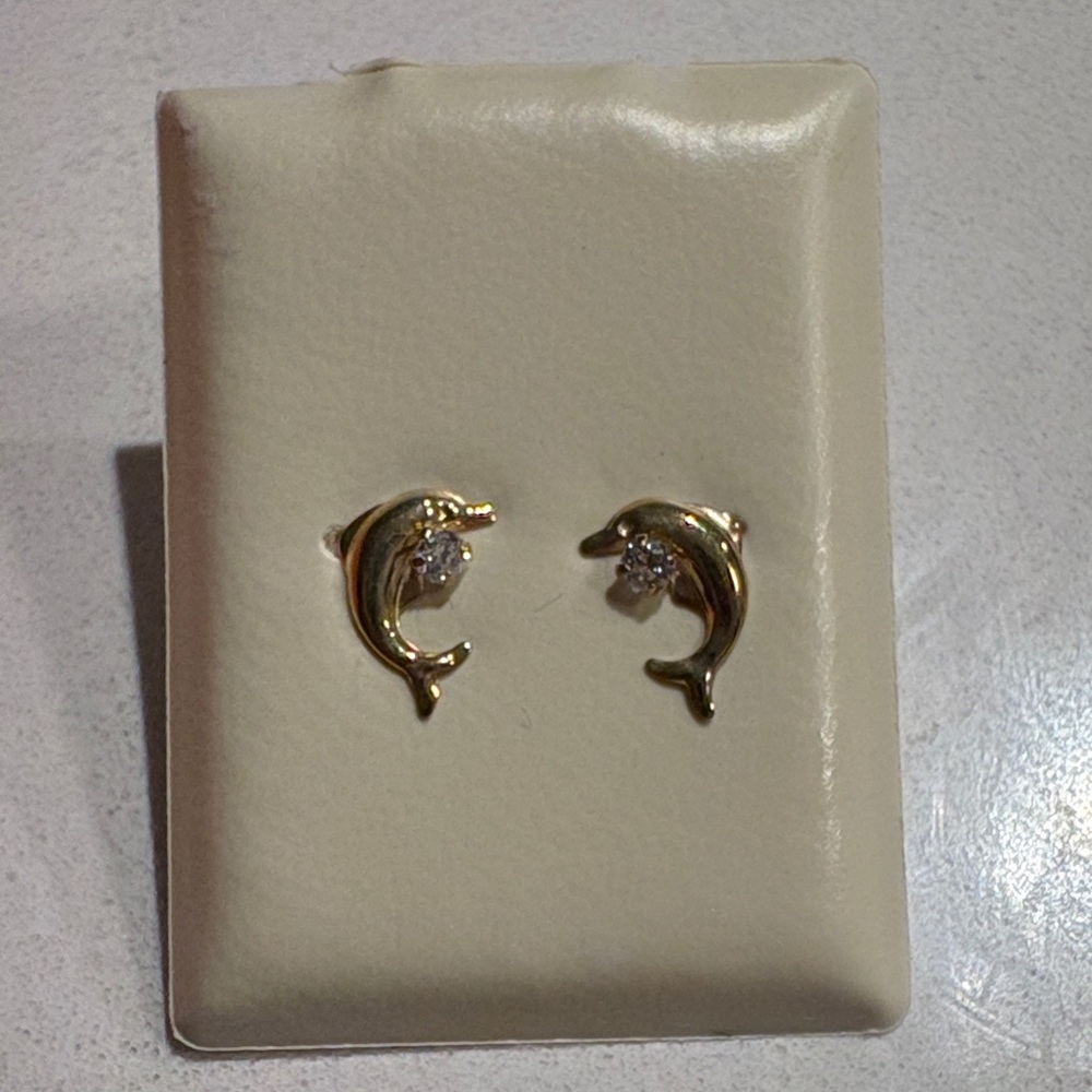 10k real gold Gold Dolphin Stud Earrings with Clear Gemstone